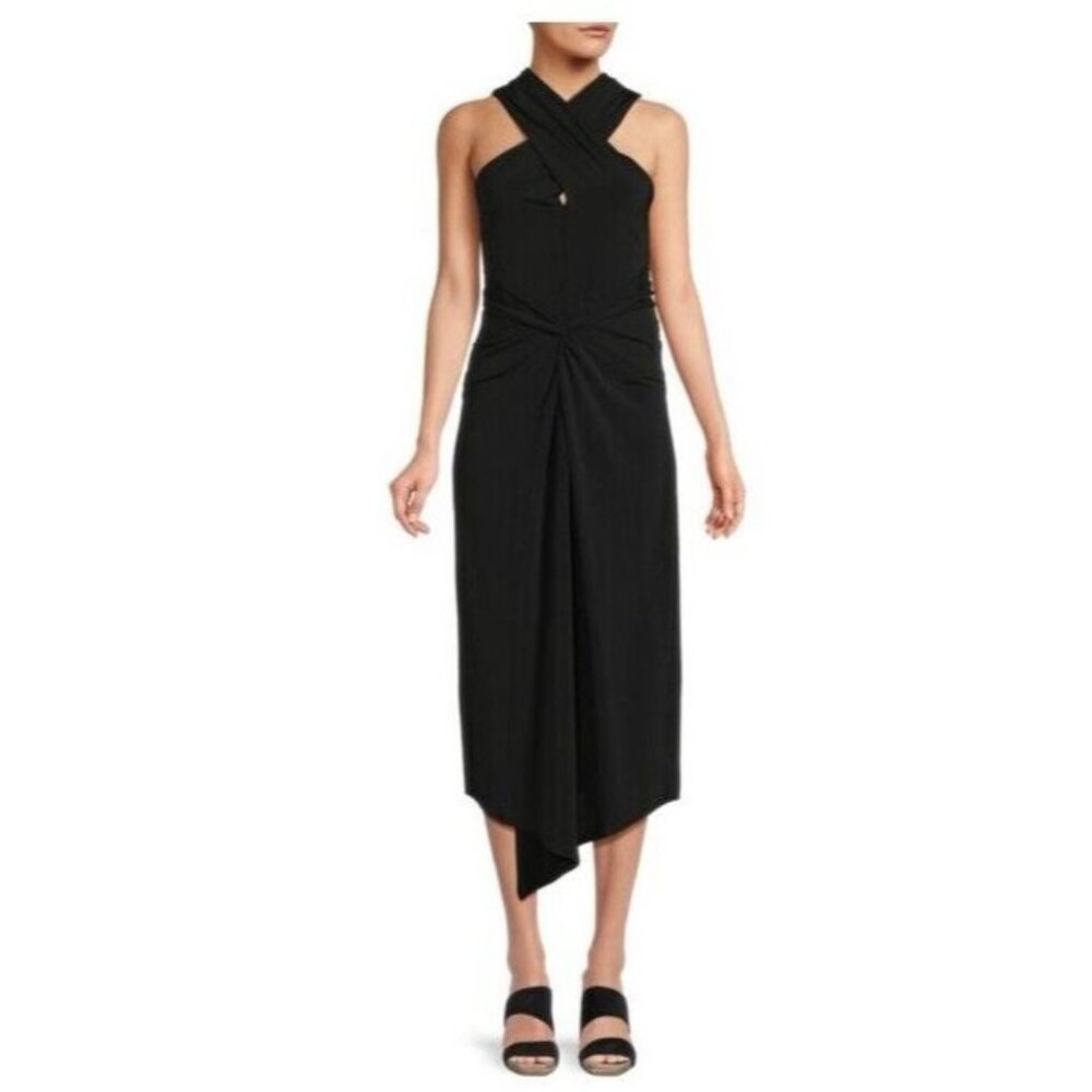 H Halston Black Halter Neck Maxi Party Cruise Wedding Dress Stretch NWT $149